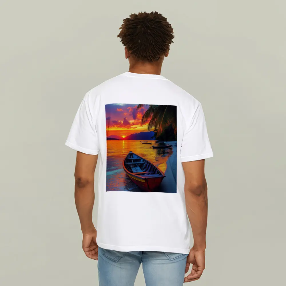 Wooden Boat Tropical Beach Sunset Palm Trees – T-Shirts