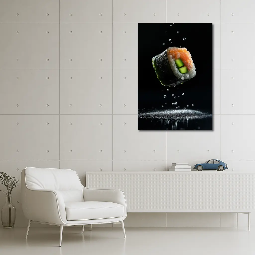 Sushi Roll Flying Over Dark Background – Wall Art