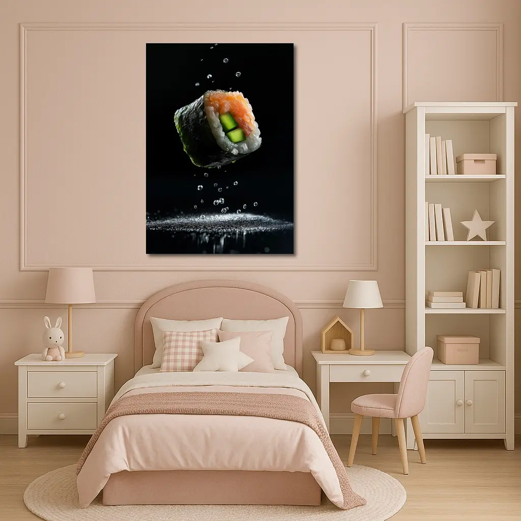 Sushi Roll Flying Over Dark Background – Wall Art