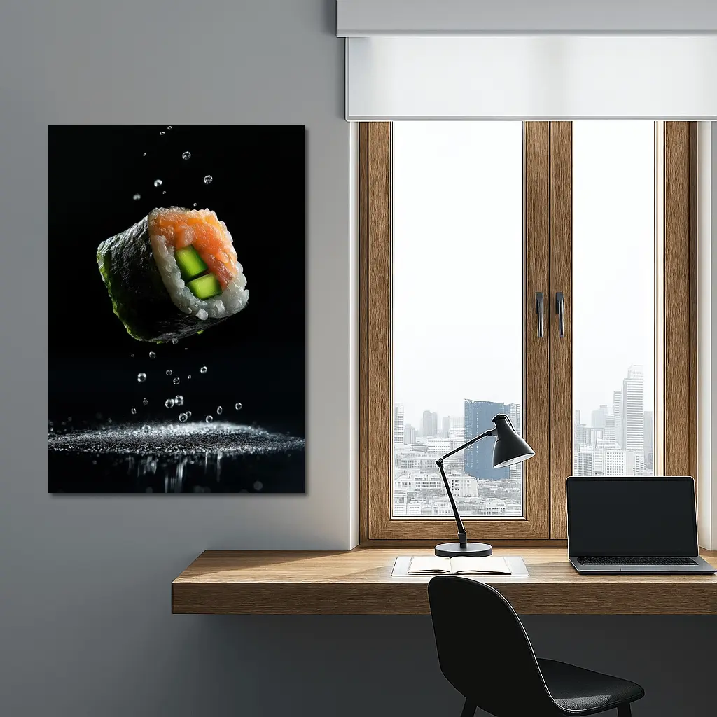 Sushi Roll Flying Over Dark Background – Wall Art