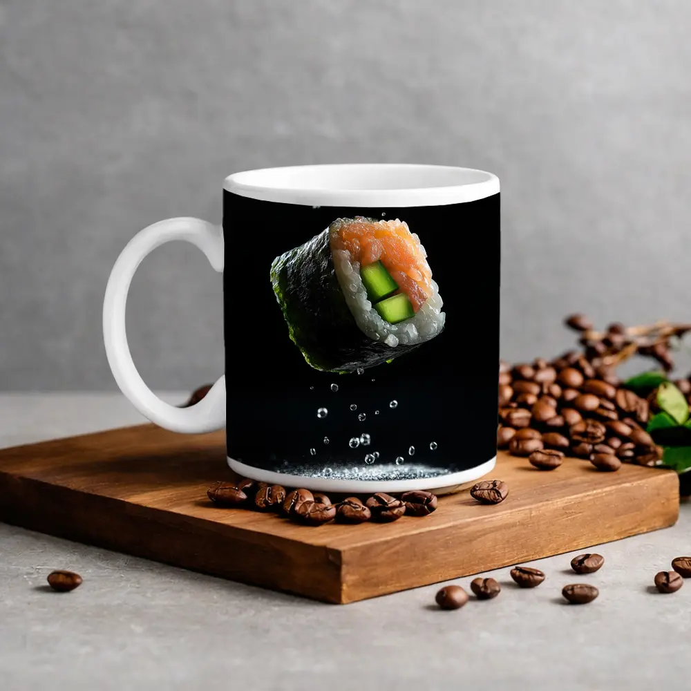Sushi Roll Flying Over Dark Background – Mugs