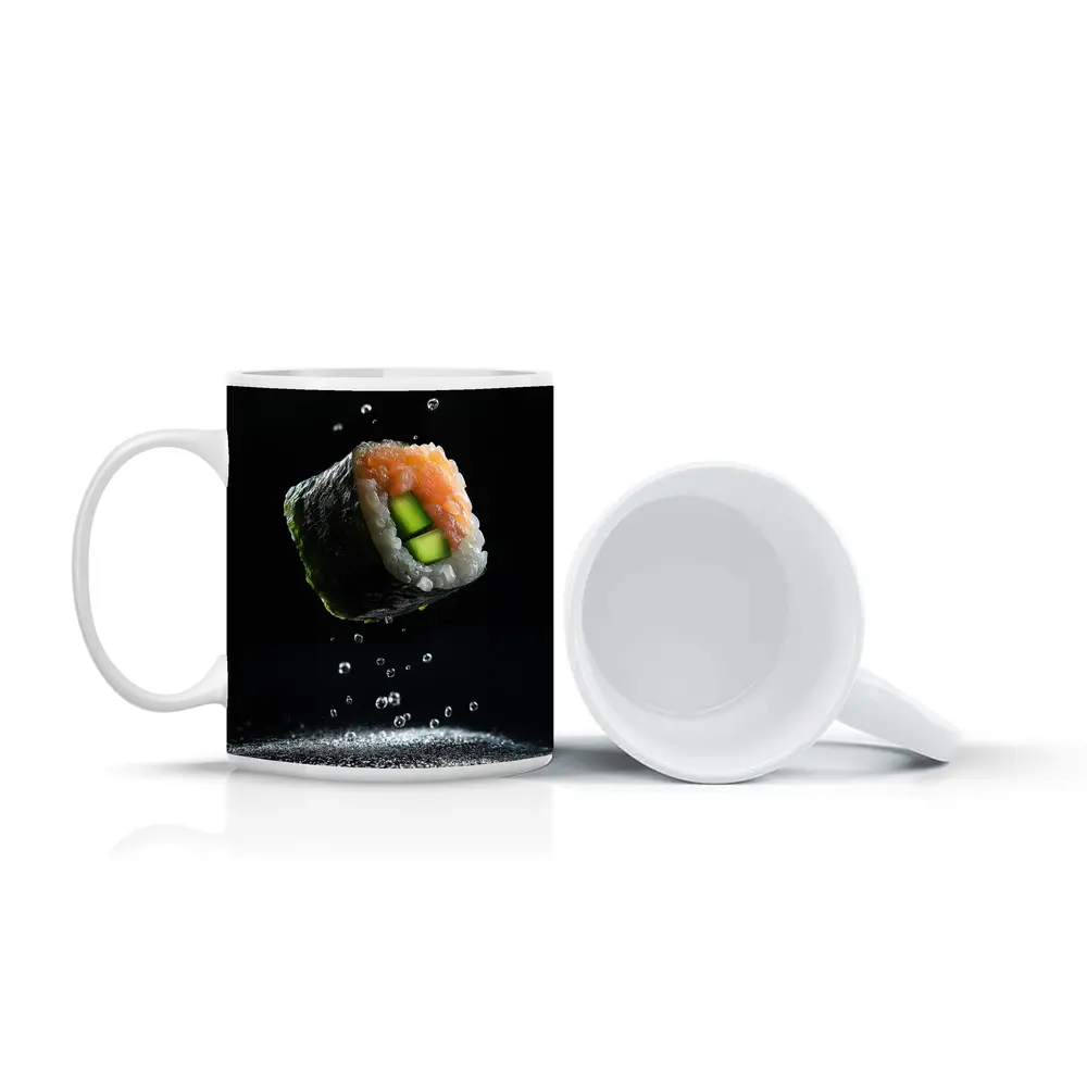 Sushi Roll Flying Over Dark Background – Mugs