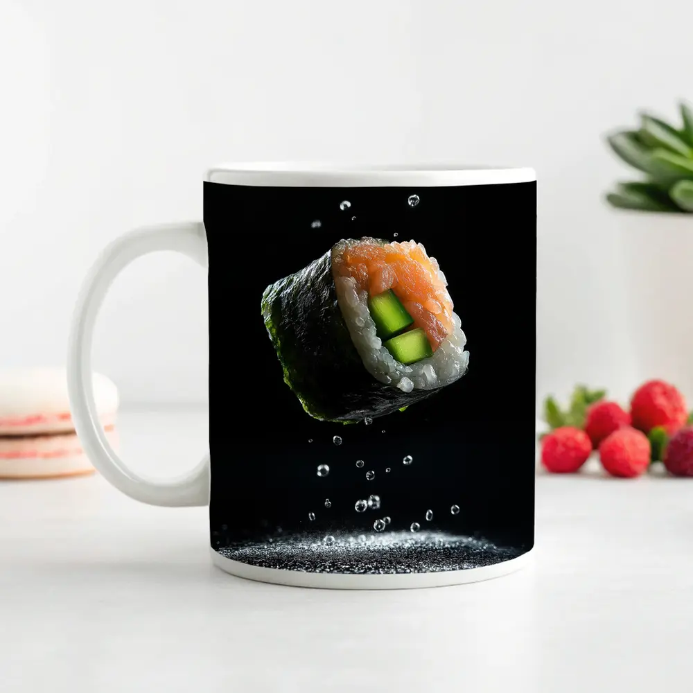 Sushi Roll Flying Over Dark Background – Mugs