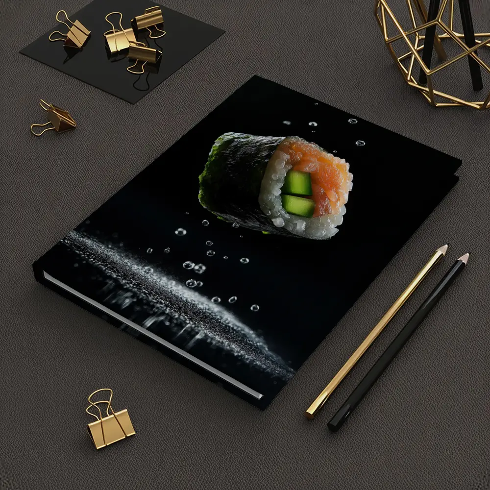 Sushi Roll Flying Over Dark Background – Notebooks