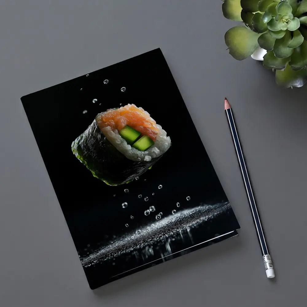 Sushi Roll Flying Over Dark Background – Notebooks