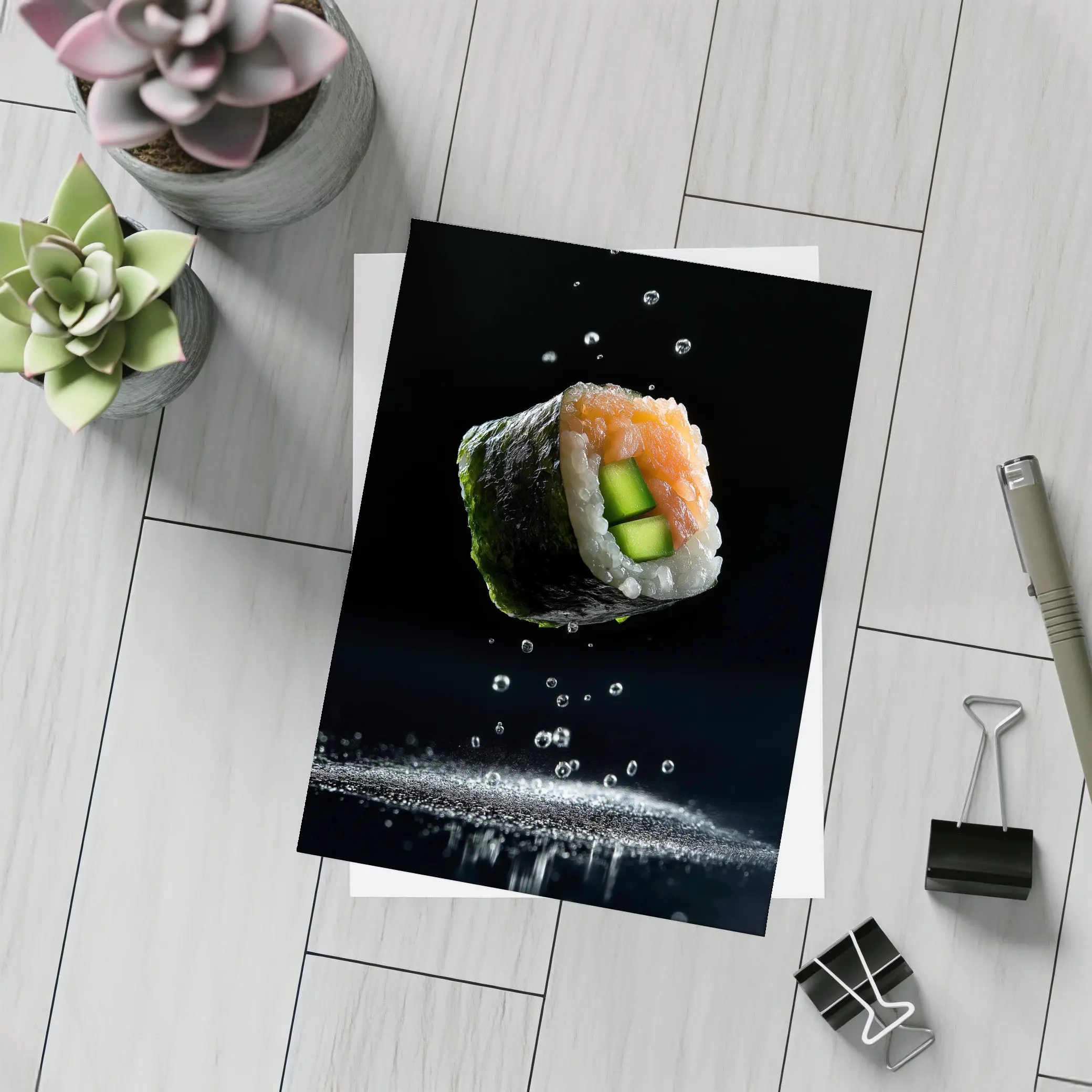 Sushi Roll Flying Over Dark Background – Postcards