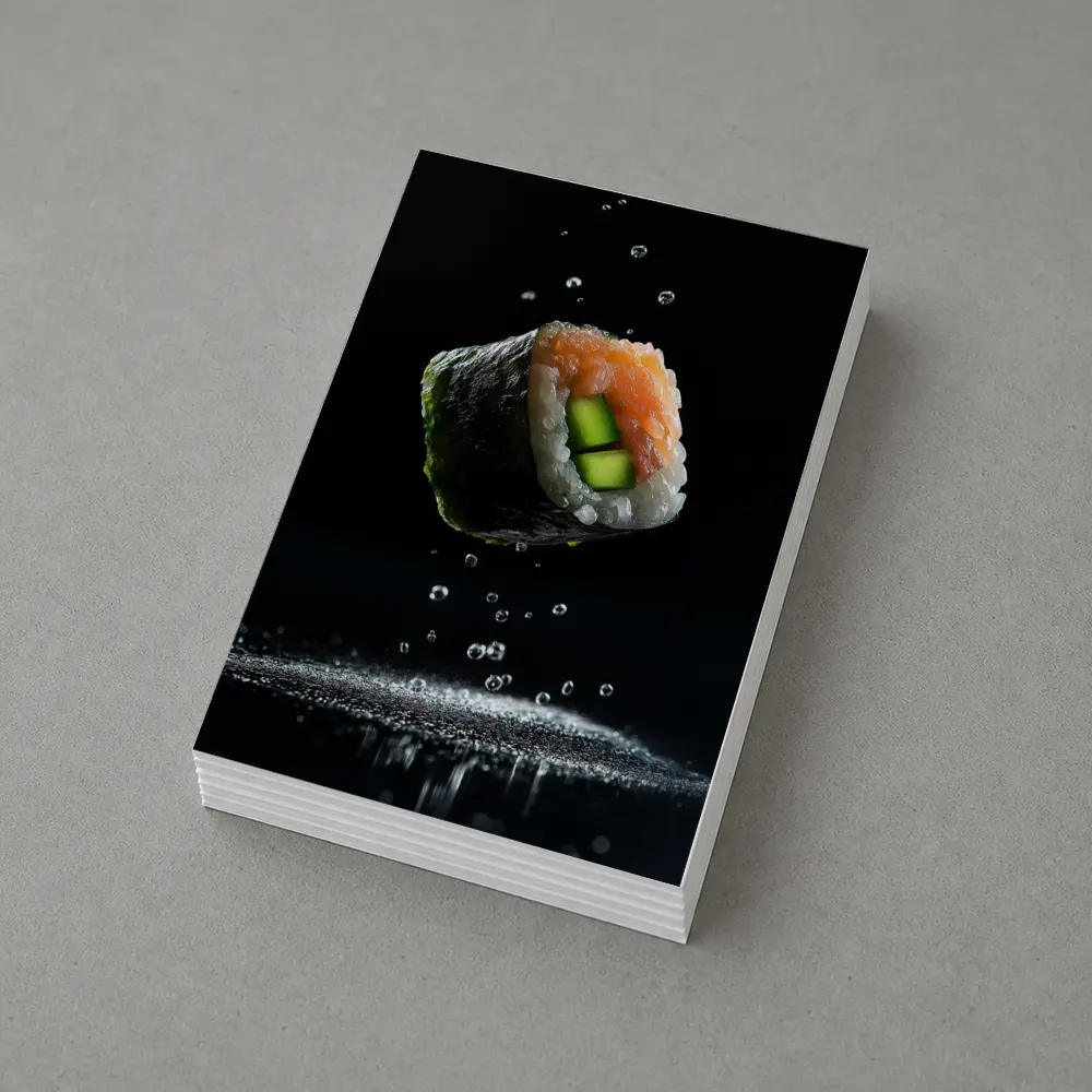 Sushi Roll Flying Over Dark Background – Postcards