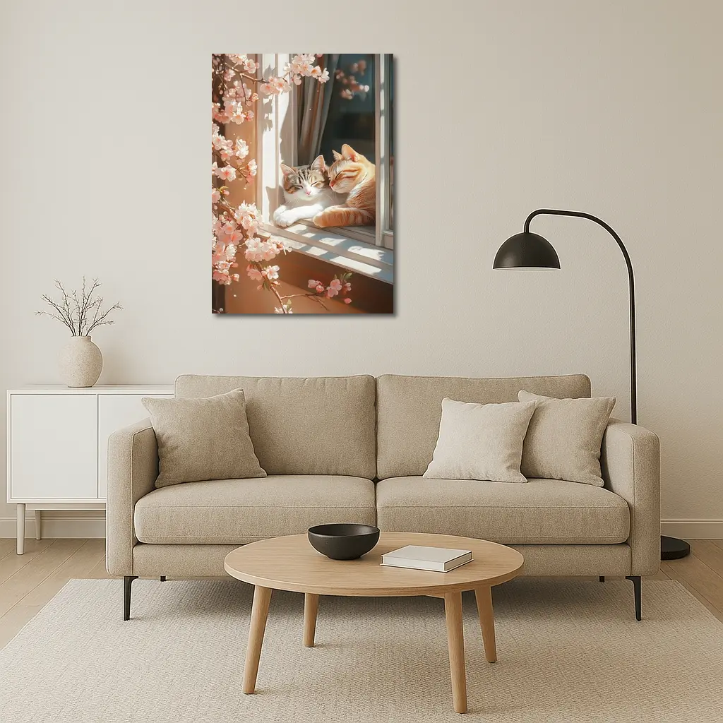 Two Cats Napping Window Cherry Blossoms – Wall Art