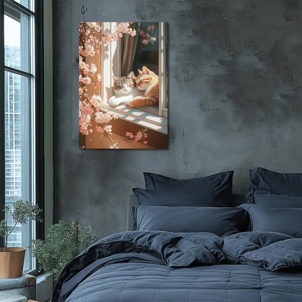 Two Cats Napping Window Cherry Blossoms – Wall Art