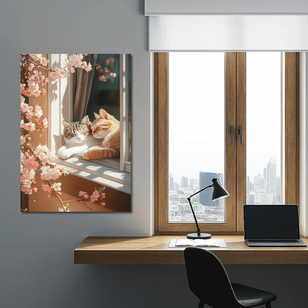Two Cats Napping Window Cherry Blossoms – Wall Art
