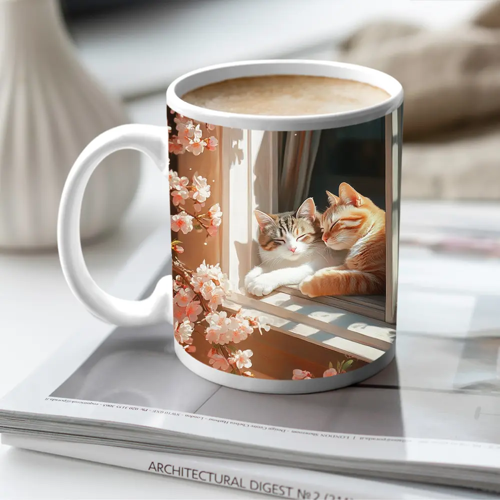 Two Cats Napping Window Cherry Blossoms – Mugs
