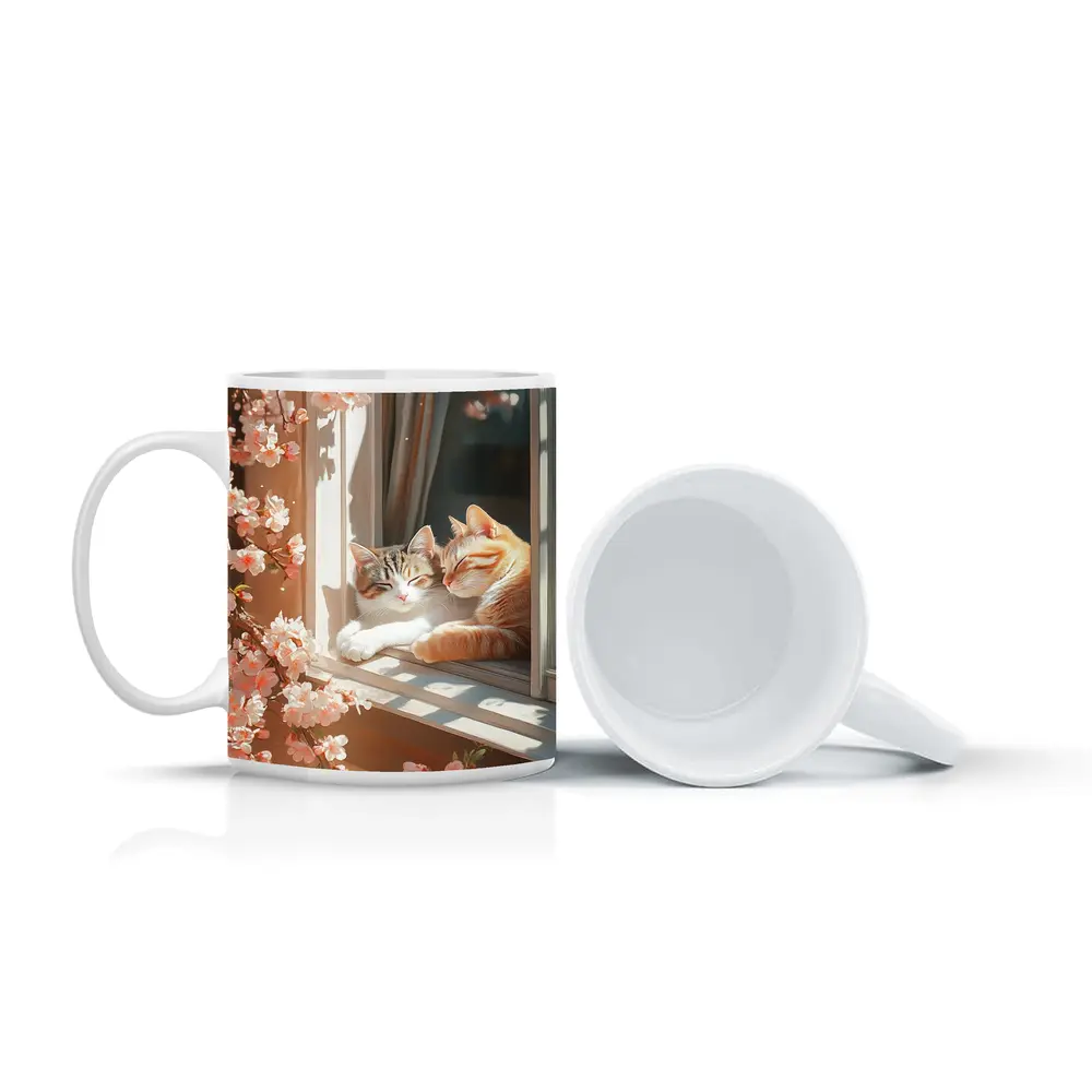 Two Cats Napping Window Cherry Blossoms – Mugs