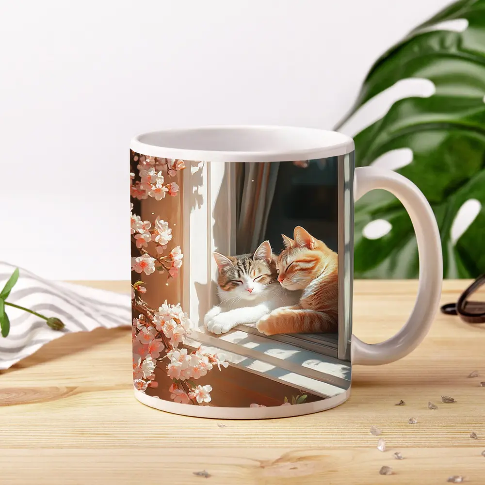 Two Cats Napping Window Cherry Blossoms – Mugs