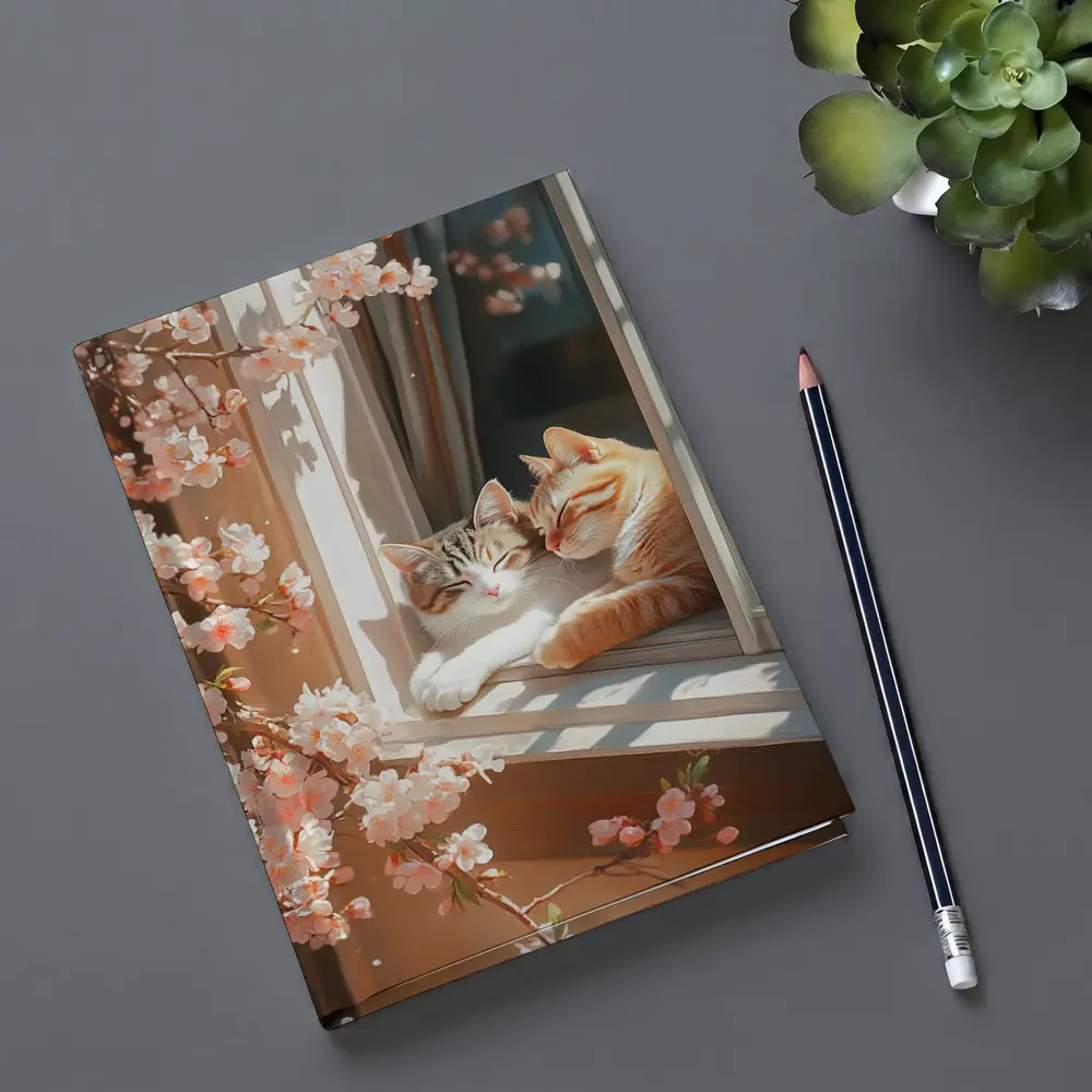 Two Cats Napping Window Cherry Blossoms – Notebooks