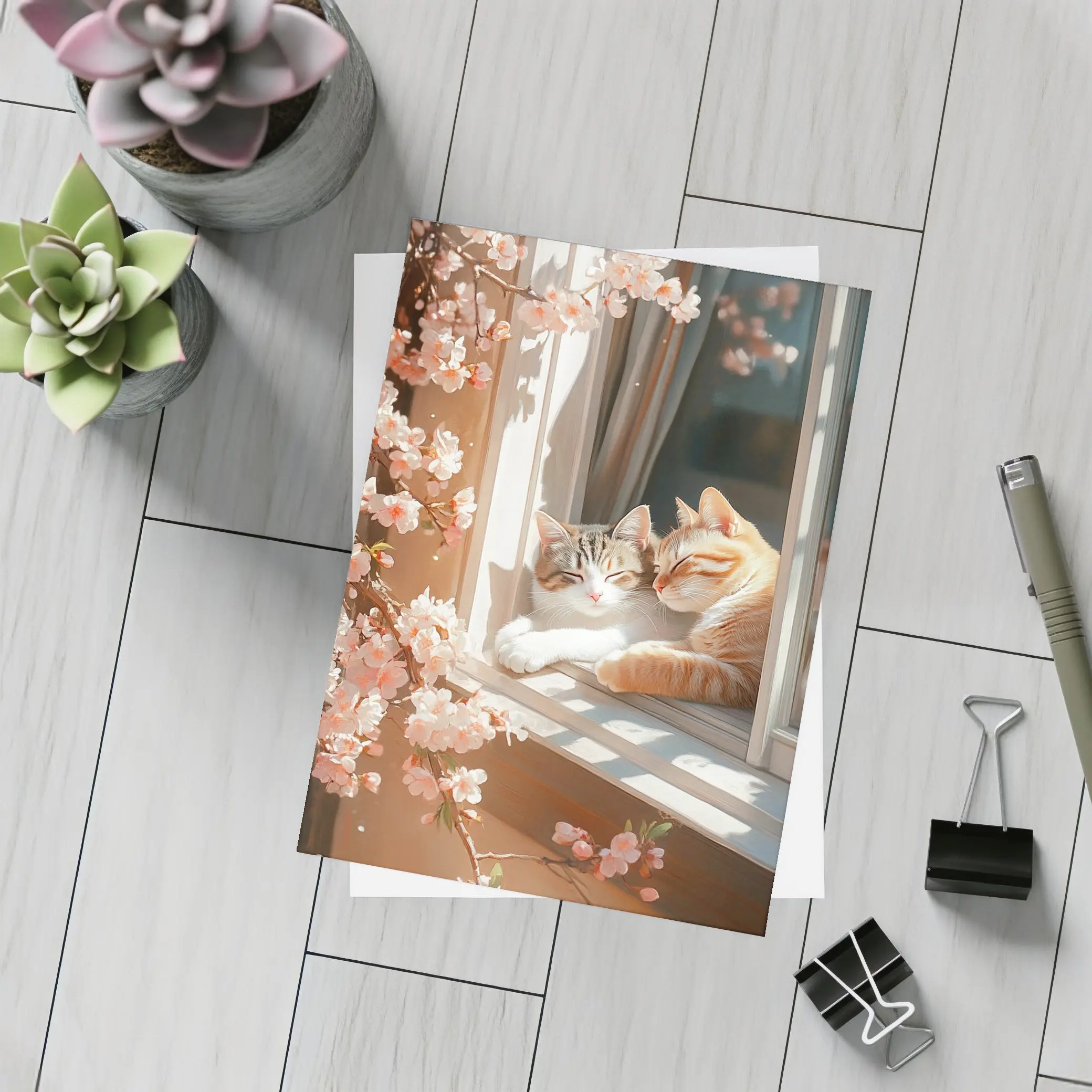 Two Cats Napping Window Cherry Blossoms – Postcards