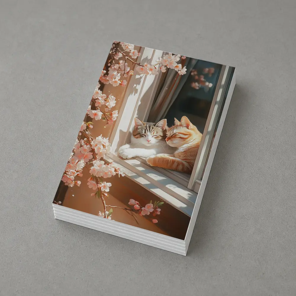 Two Cats Napping Window Cherry Blossoms – Postcards