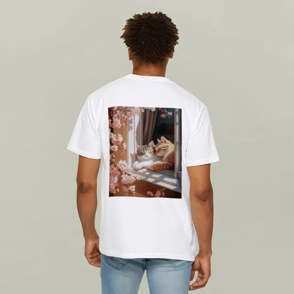 Two Cats Napping Window Cherry Blossoms – T-Shirts