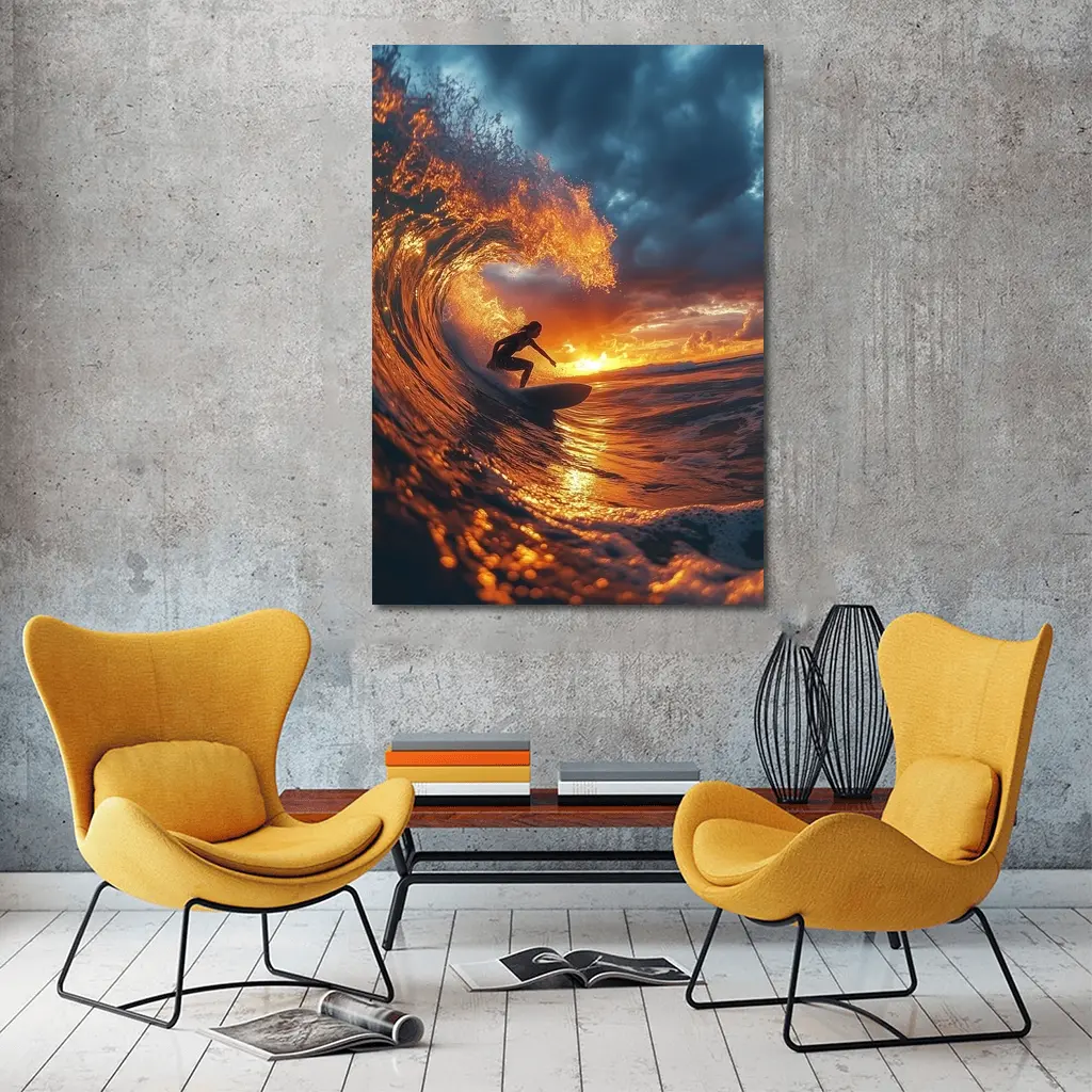 Surfer Riding Wave At Golden Sunset – Wall Art