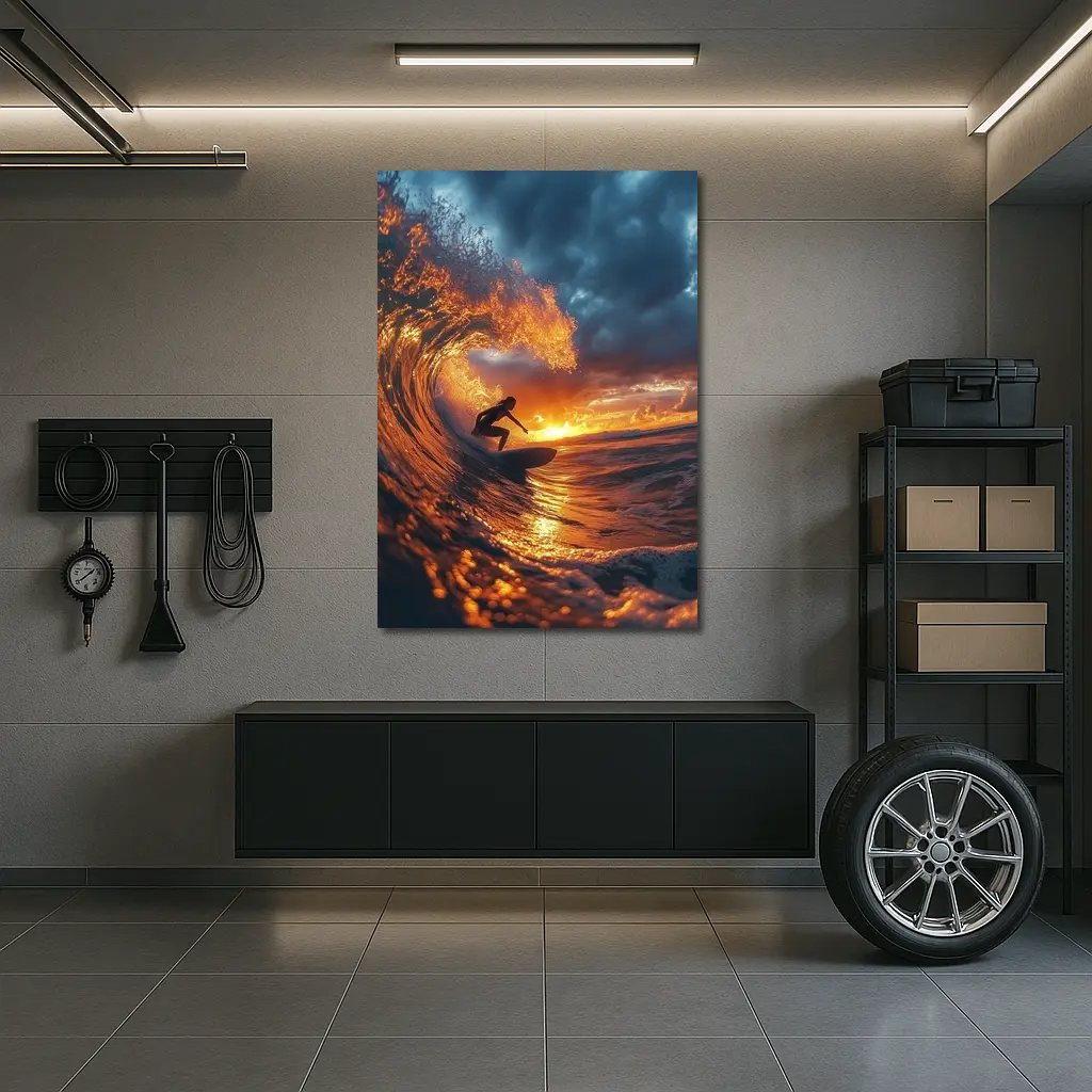 Surfer Riding Wave At Golden Sunset – Wall Art