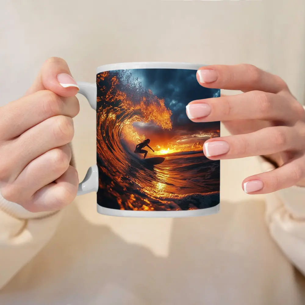 Surfer Riding Wave At Golden Sunset – Mugs
