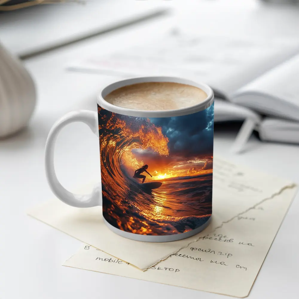 Surfer Riding Wave At Golden Sunset – Mugs