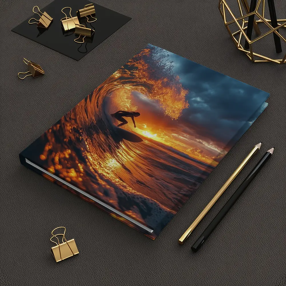Surfer Riding Wave At Golden Sunset – Notebooks