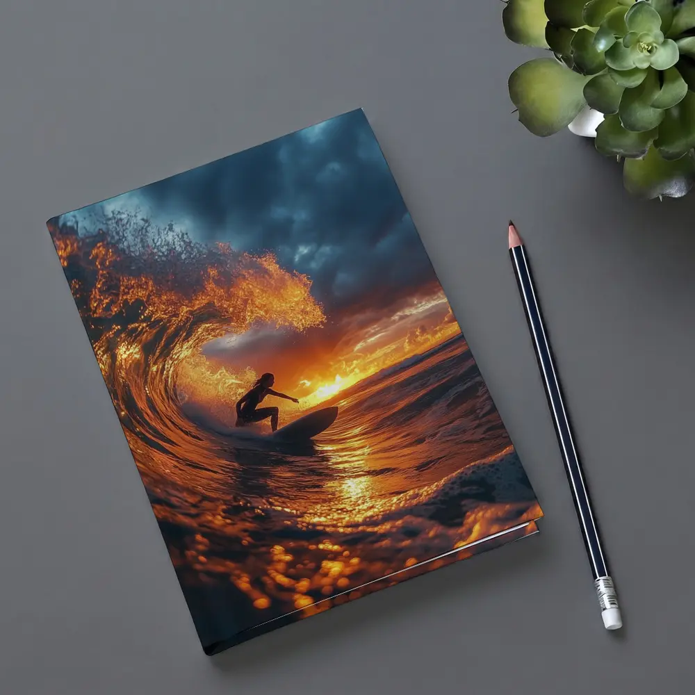 Surfer Riding Wave At Golden Sunset – Notebooks