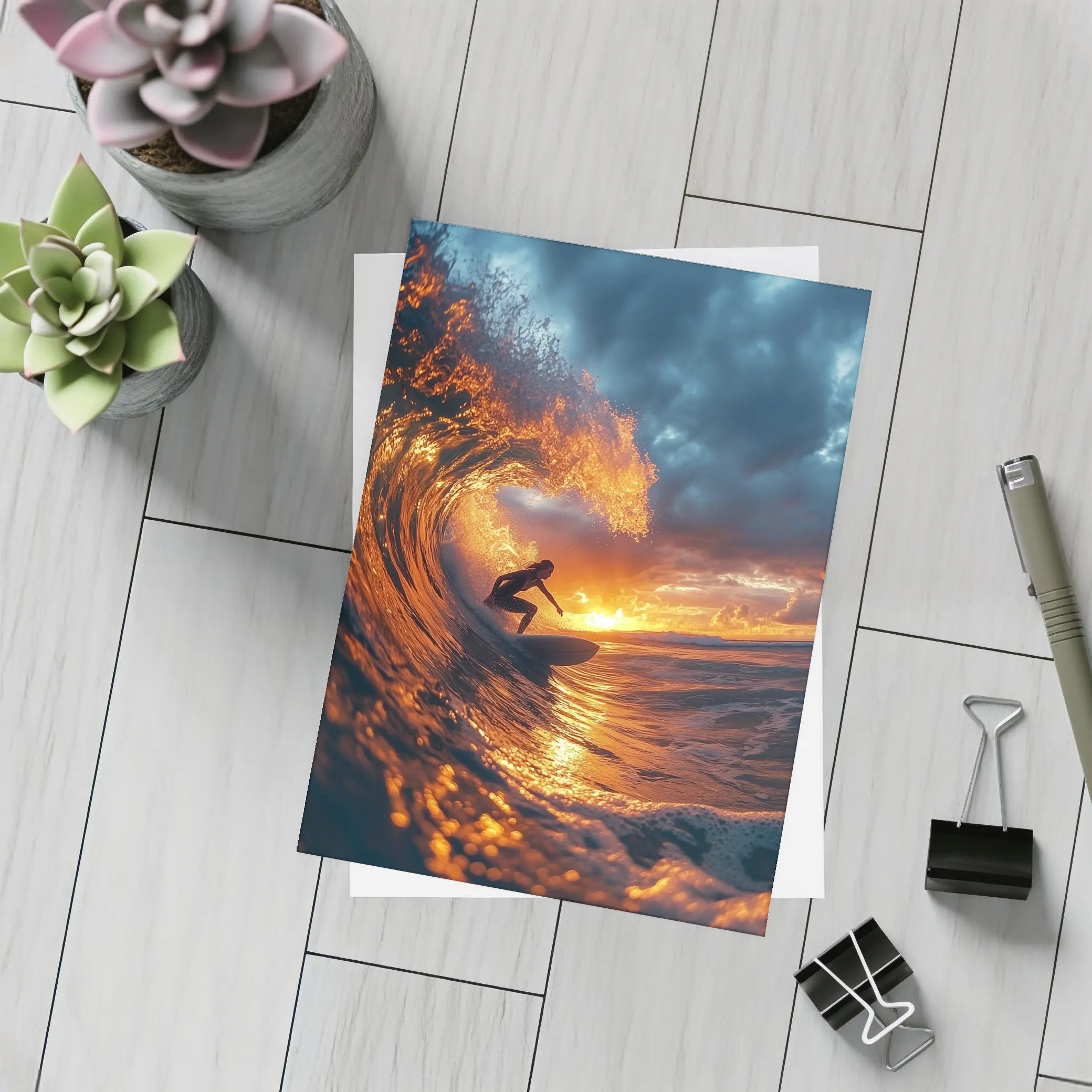 Surfer Riding Wave At Golden Sunset – Postcards