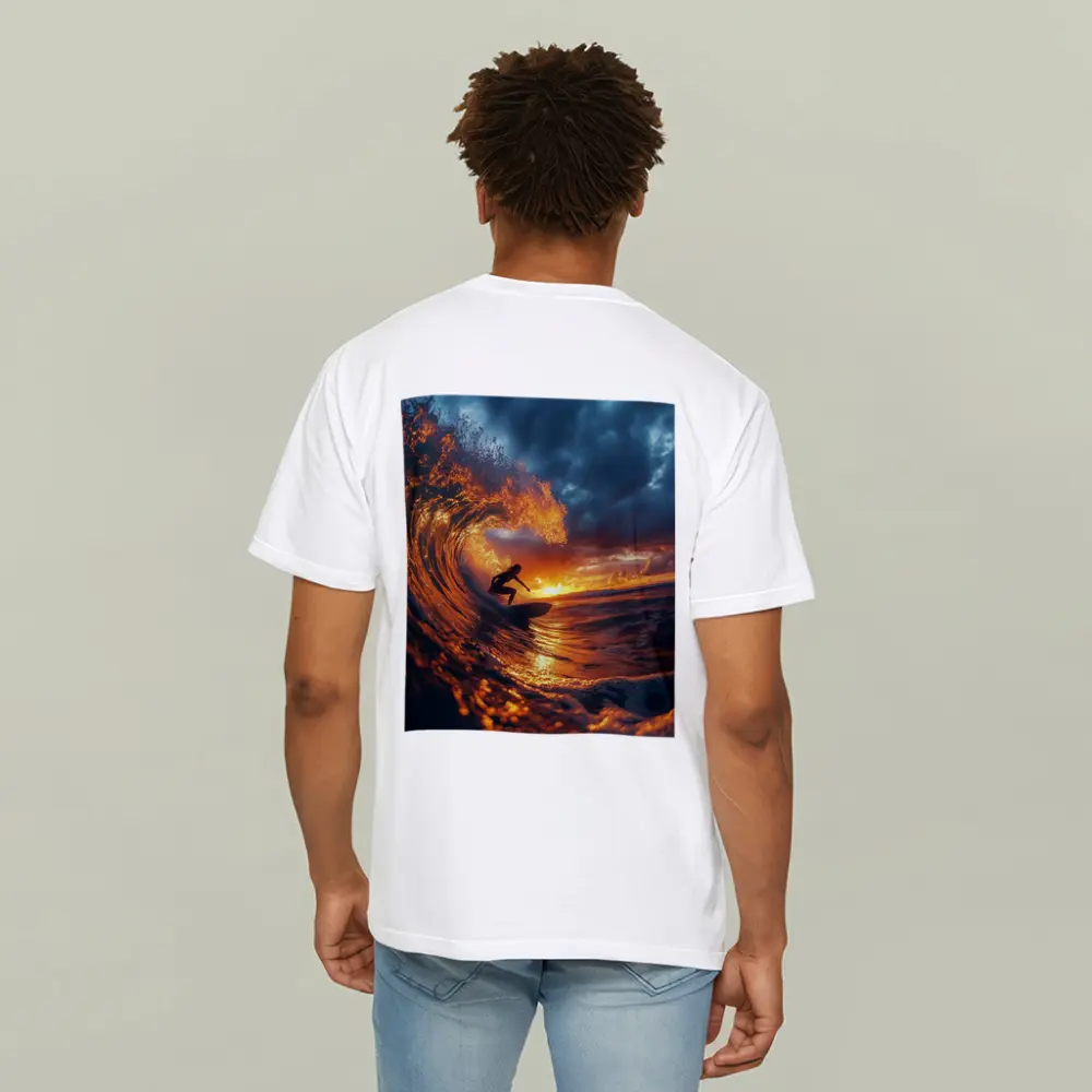 Surfer Riding Wave At Golden Sunset – T-Shirts