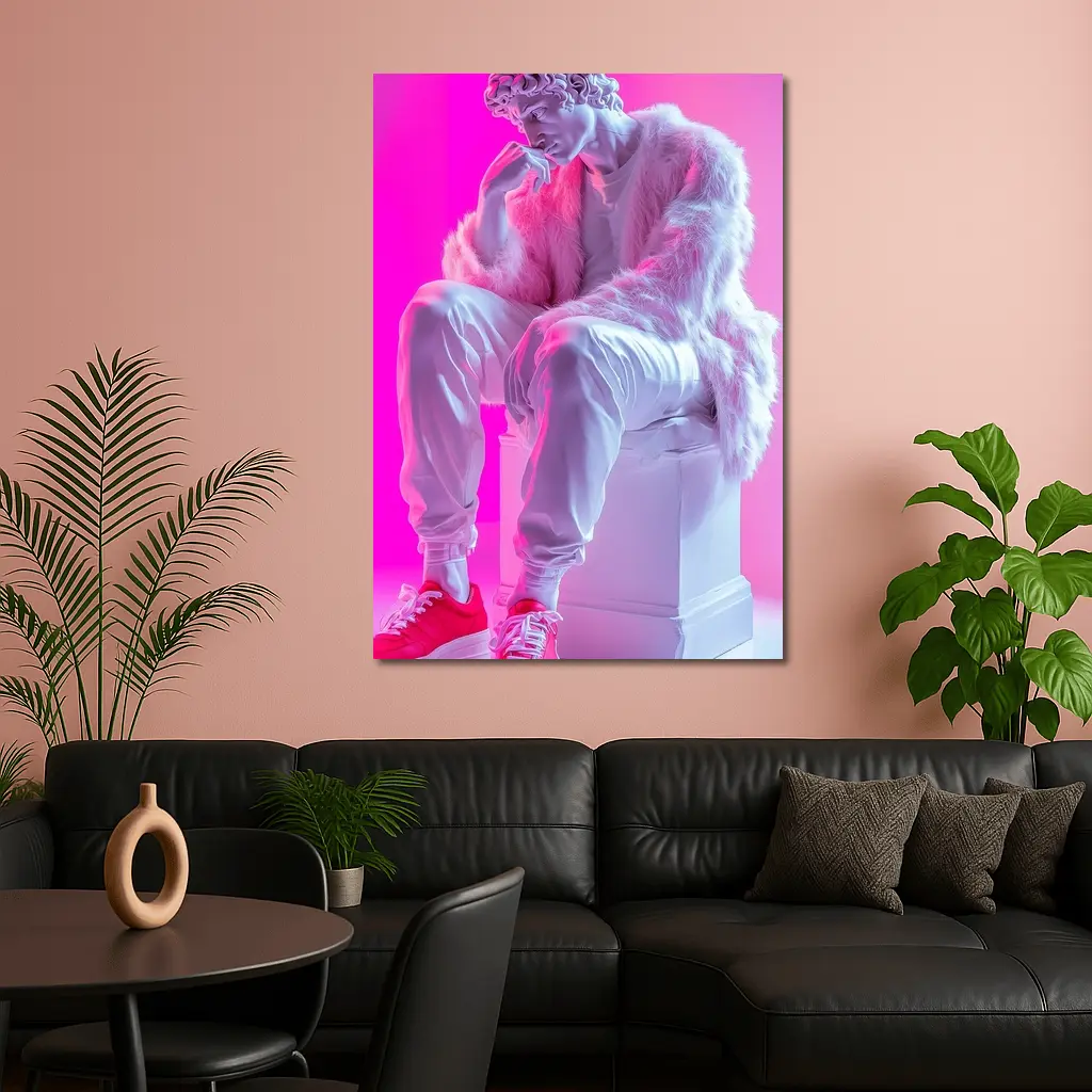 Classical Statue Streetwear Pink Neon Background – Wall Art