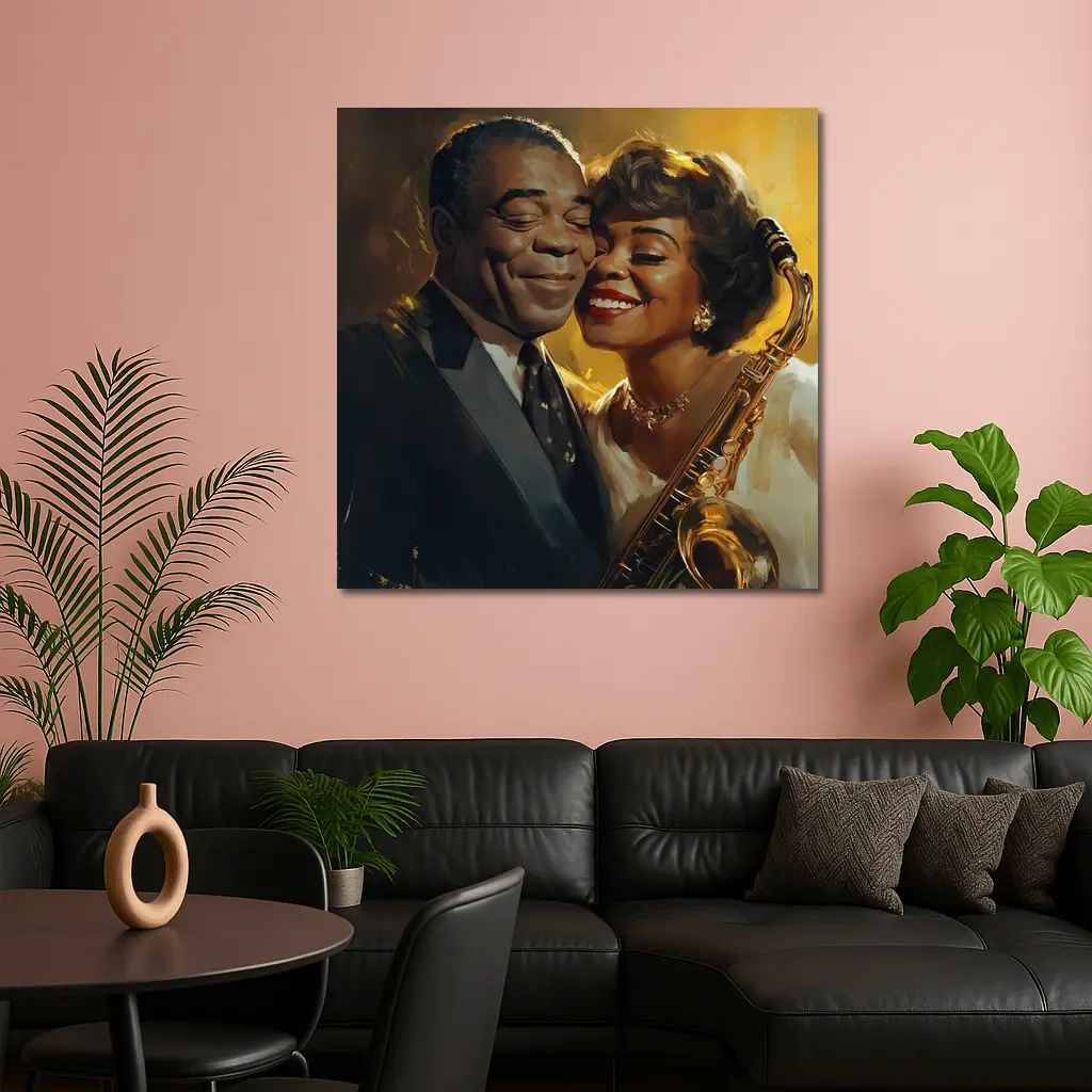 Jazz Couple Saxophone Golden Oil Painting Art – Wall Art