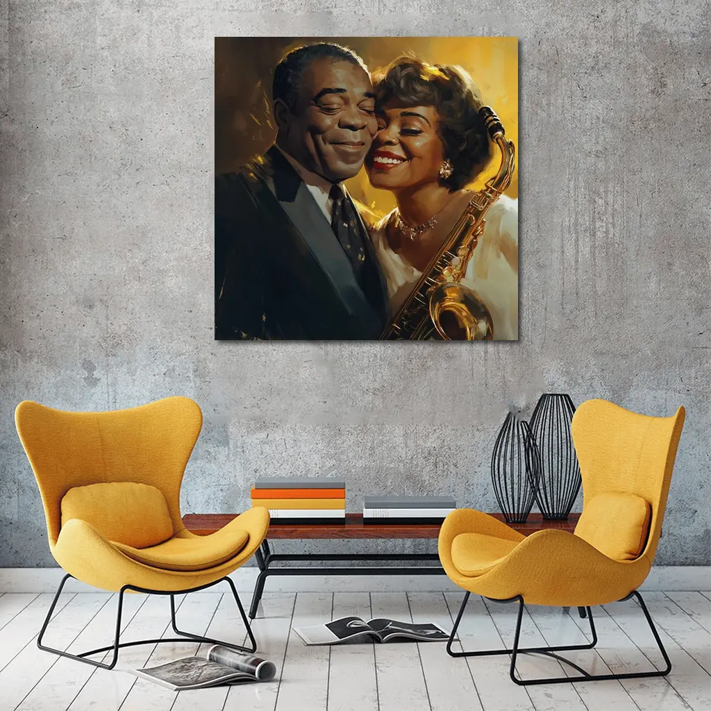 Jazz Couple Saxophone Golden Oil Painting Art – Wall Art