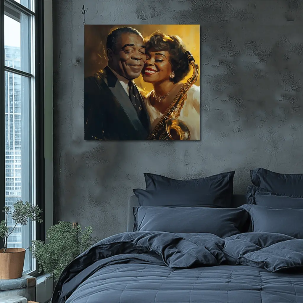 Jazz Couple Saxophone Golden Oil Painting Art – Wall Art