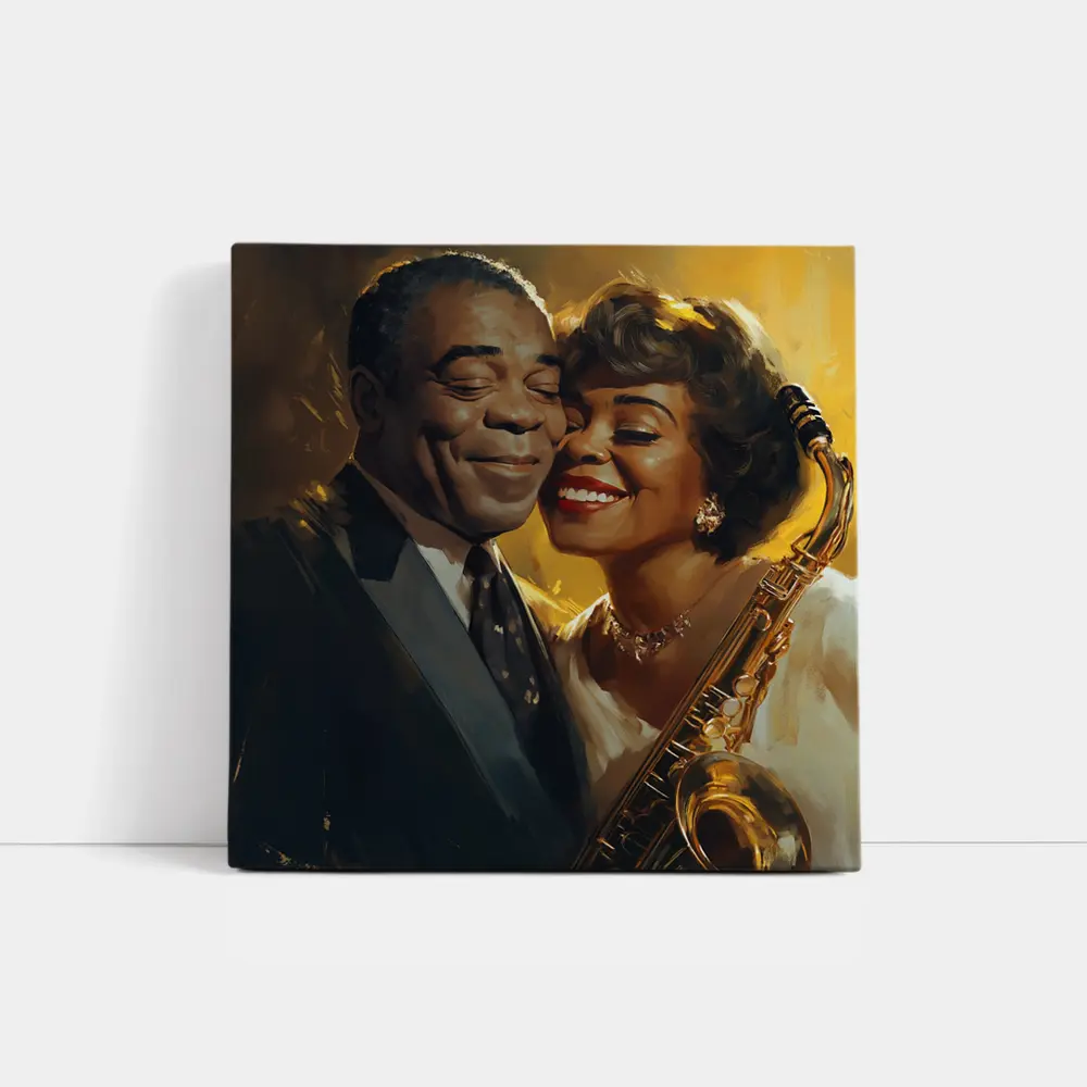 Jazz Couple Saxophone Golden Oil Painting Art – Wall Art