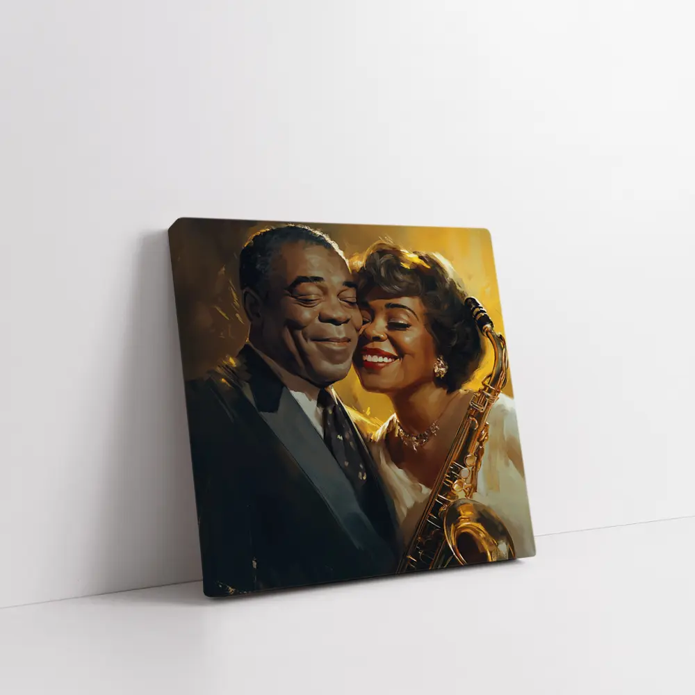 Jazz Couple Saxophone Golden Oil Painting Art – Wall Art