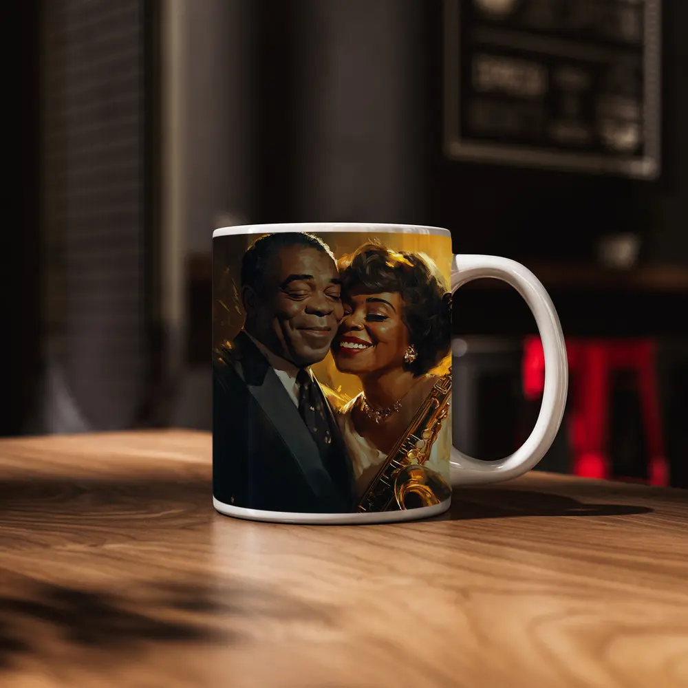 Jazz Couple Saxophone Golden Oil Painting Art – Mugs