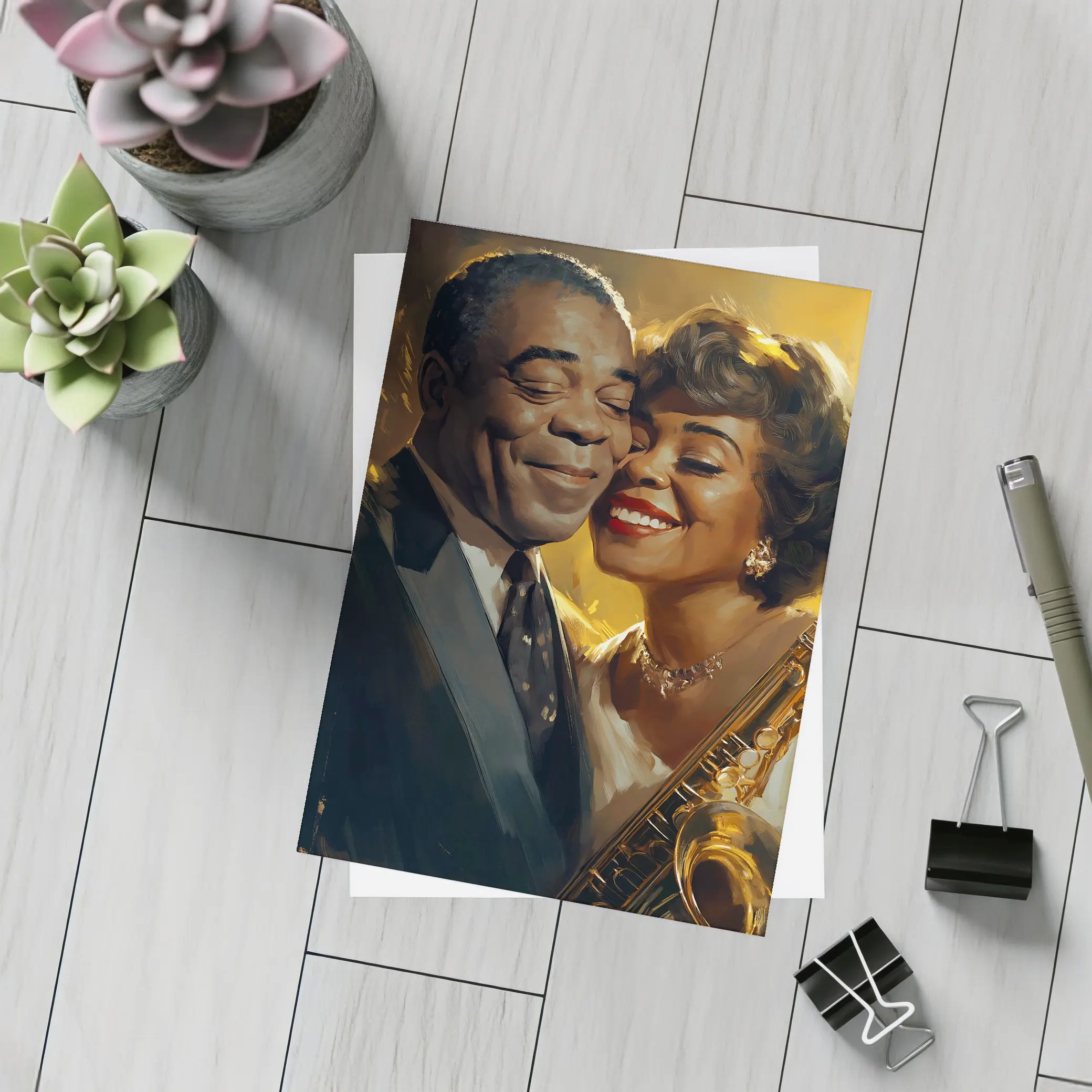 Jazz Couple Saxophone Golden Oil Painting Art – Postcards