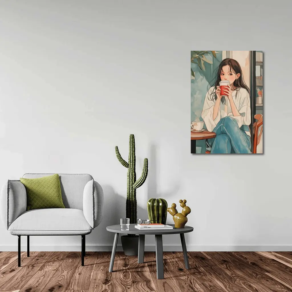 Anime Girl Drinking Coffee Cafe Watercolor – Wall Art