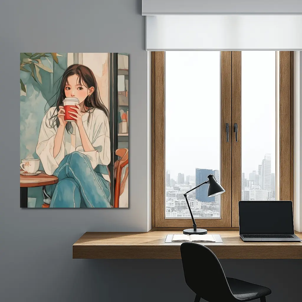 Anime Girl Drinking Coffee Cafe Watercolor – Wall Art