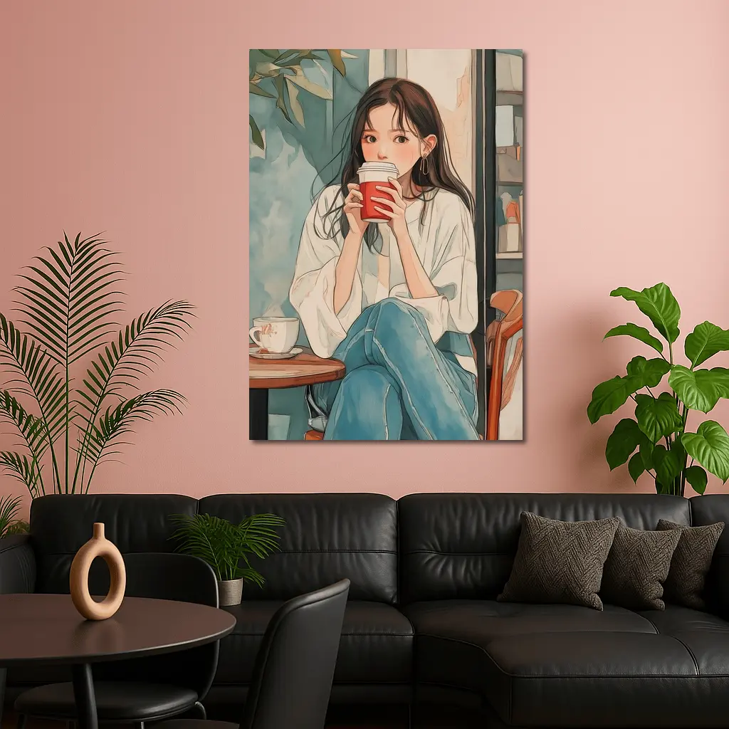 Anime Girl Drinking Coffee Cafe Watercolor – Wall Art