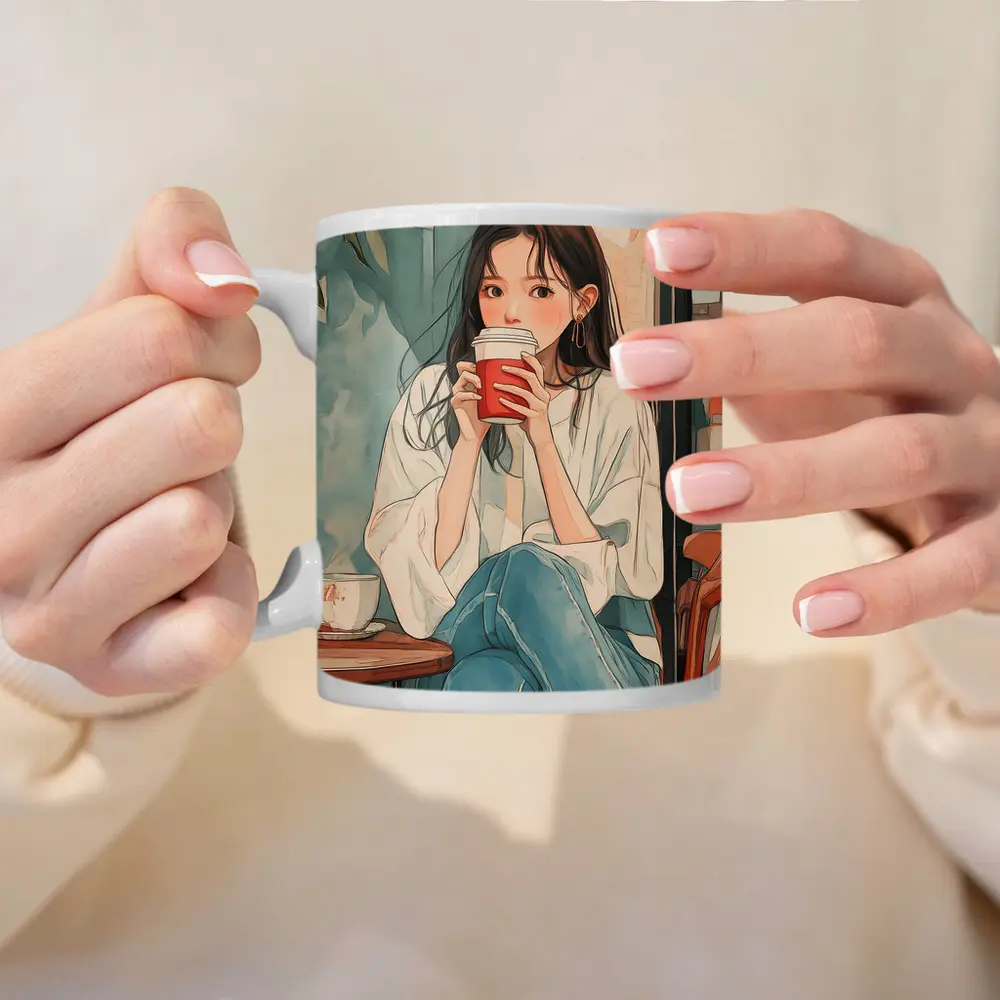 Anime Girl Drinking Coffee Cafe Watercolor – Mugs