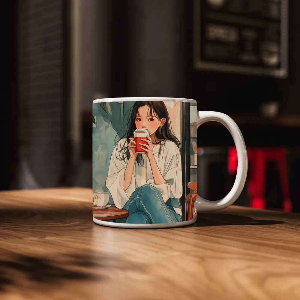 Anime Girl Drinking Coffee Cafe Watercolor – Mugs