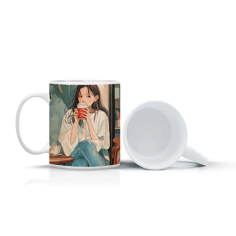 Anime Girl Drinking Coffee Cafe Watercolor – Mugs