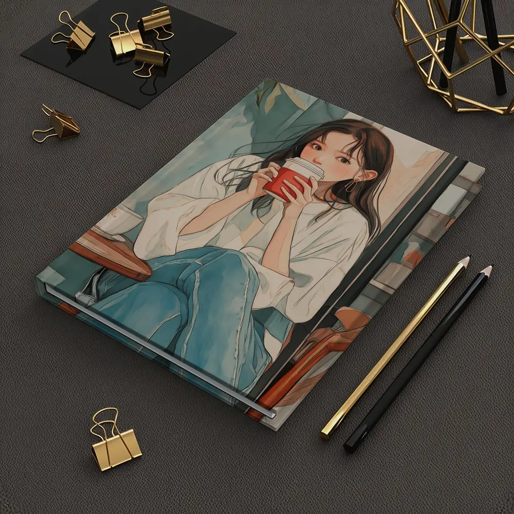 Anime Girl Drinking Coffee Cafe Watercolor – Notebooks