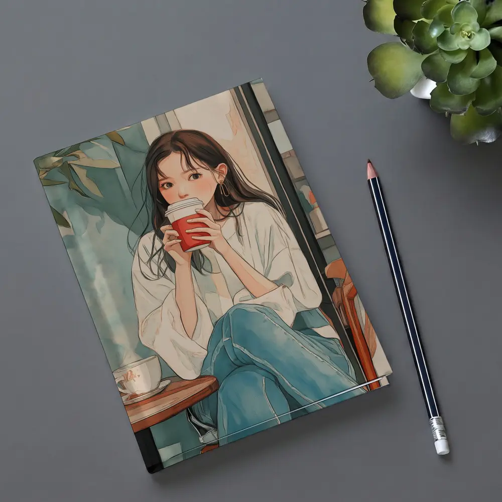 Anime Girl Drinking Coffee Cafe Watercolor – Notebooks