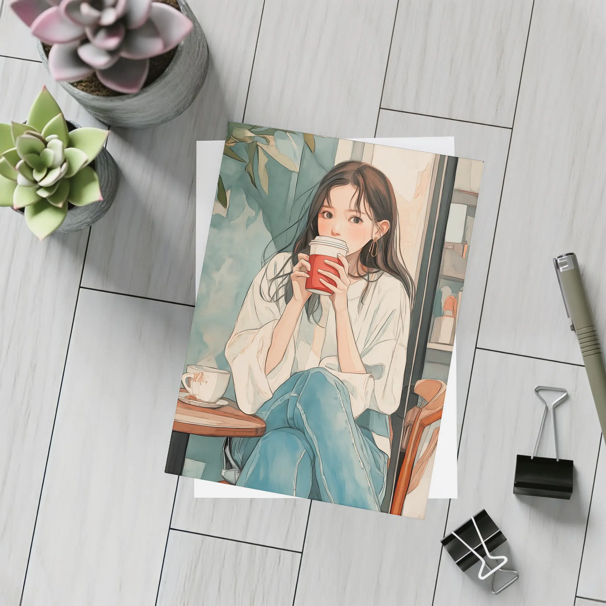 Anime Girl Drinking Coffee Cafe Watercolor – Postcards