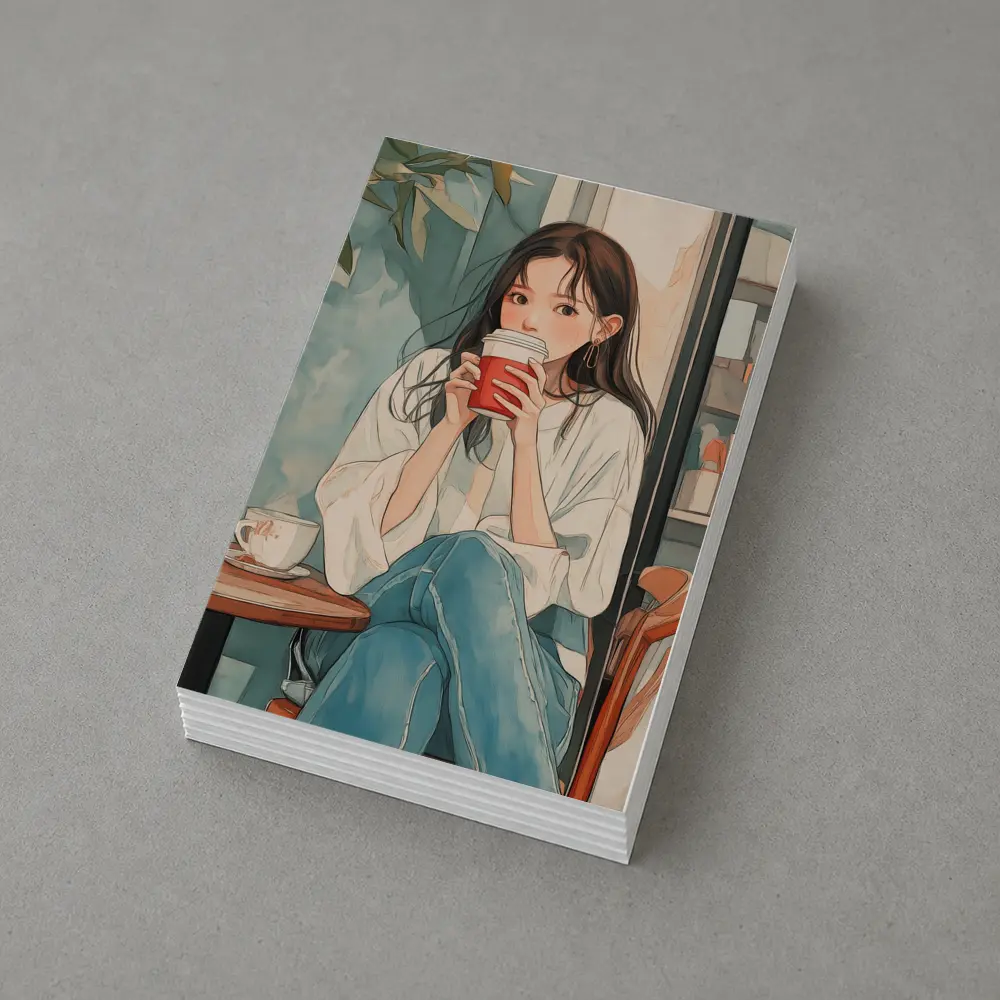 Anime Girl Drinking Coffee Cafe Watercolor – Postcards