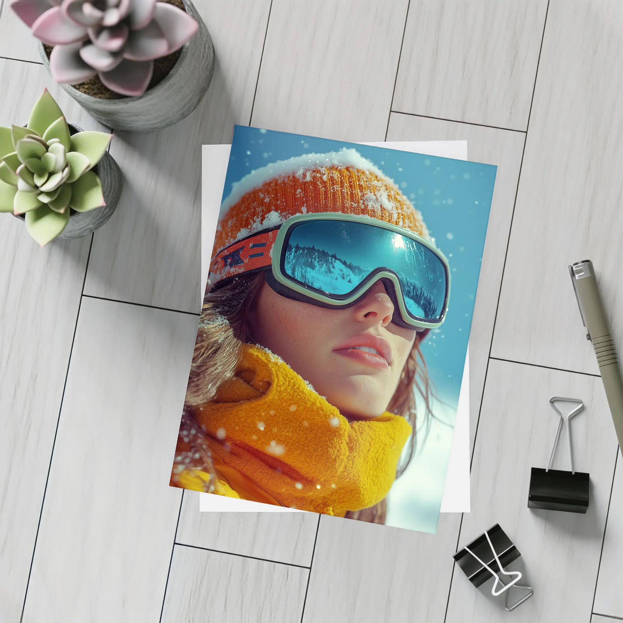 Woman Skier Snow Goggles Orange Winter Gear – Postcards