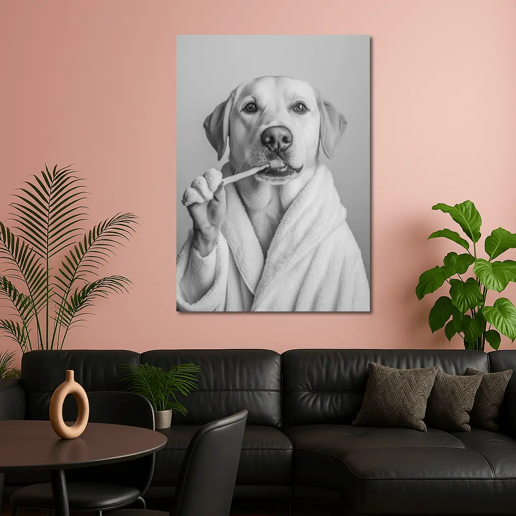 Labrador Dog Brushing Teeth Black White – Wall Art