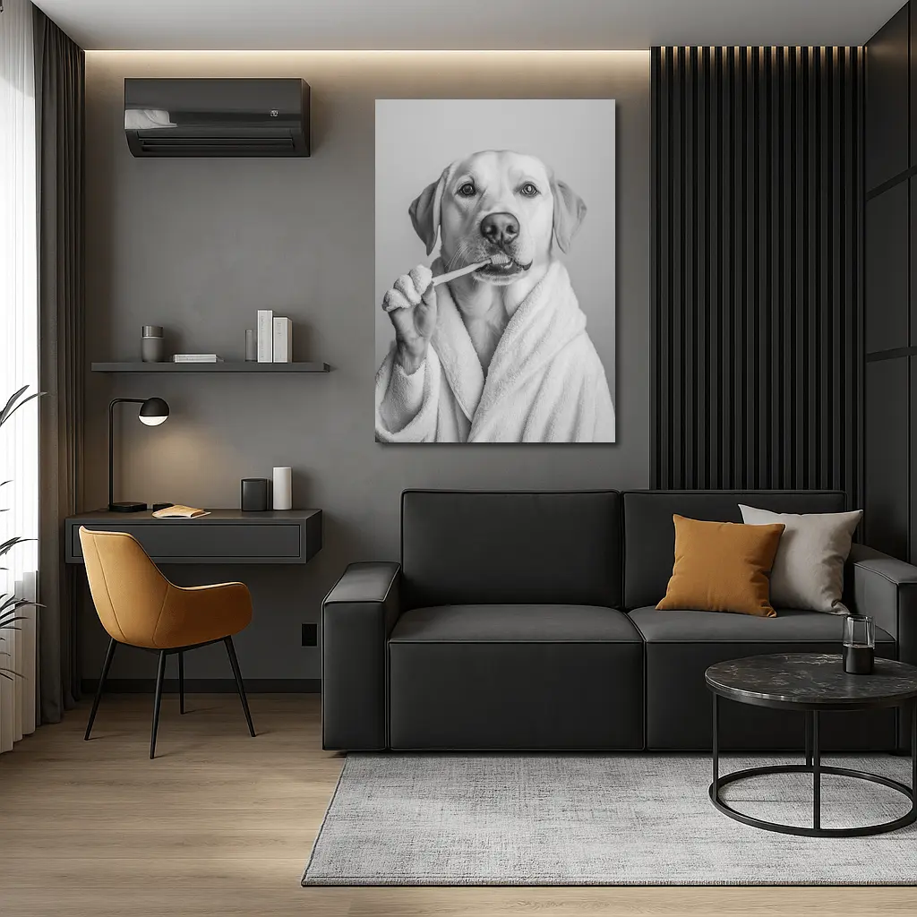 Labrador Dog Brushing Teeth Black White – Wall Art